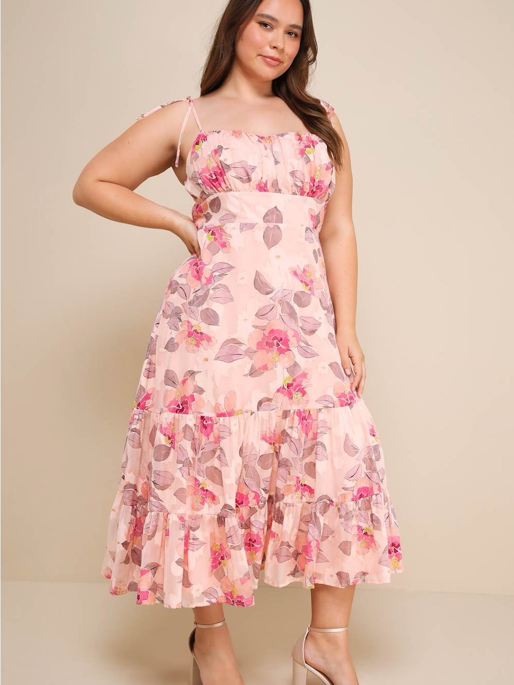 NWT Lulus Tea Party Chic Pink Floral Print Tie-Strap Tiered Midi Dress M - Picture 6 of 9